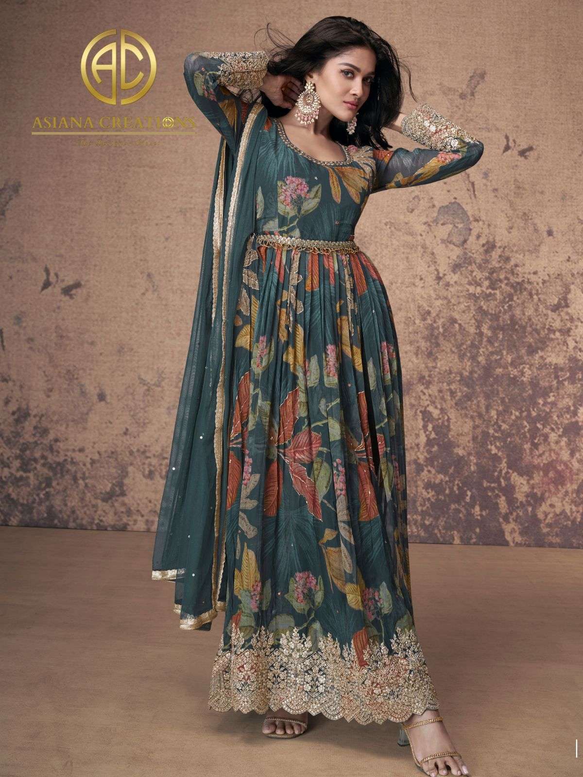 Floral Printed and Embroidered Heavy Gown DS5494