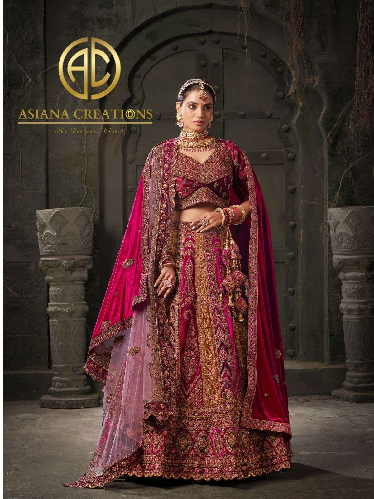 Velvet Bridal Lehenga Choli Set with Double Dupatta DSL13003